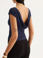 Double-Layer Front Cowl Back Cap Sleeve Top for Women, Elegant Casual Wear