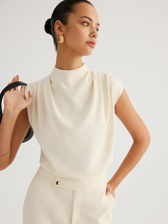 Draped High-Neck Cap Sleeve Blouse for Elegant Office Wear