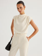 Draped High-Neck Cap Sleeve Blouse for Elegant Office Wear