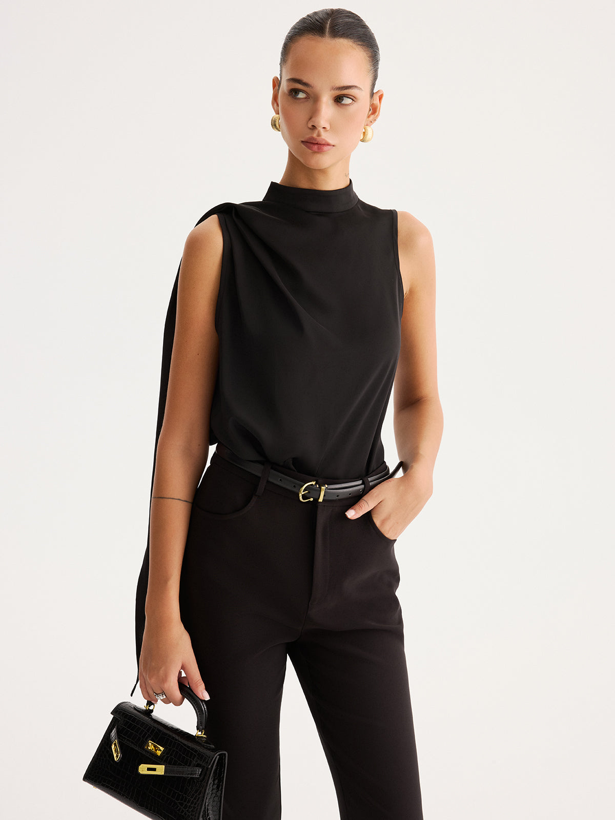 Asymmetric Tie Detail Satin Sleeveless Blouse Women's Elegant Top