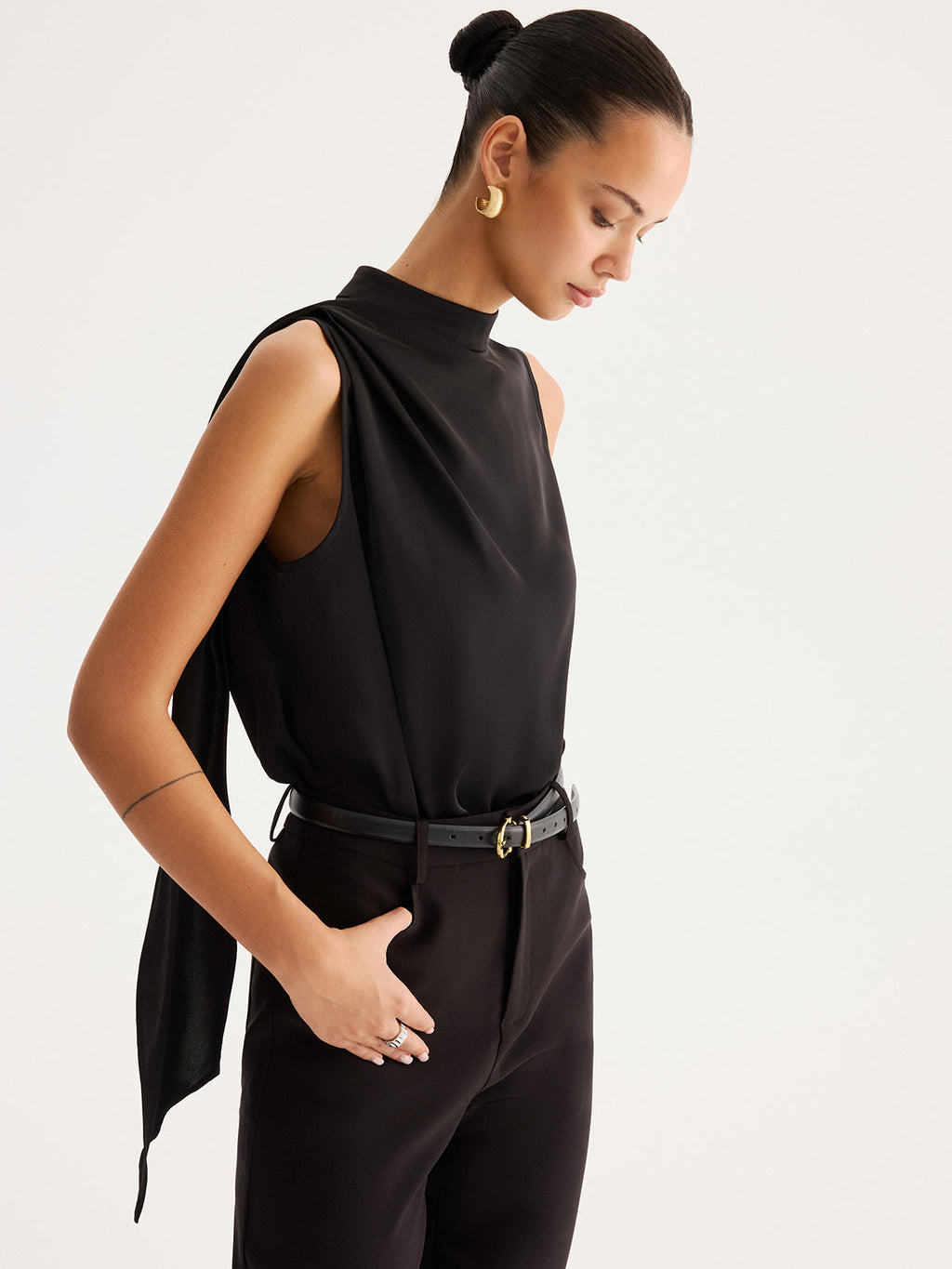 Asymmetric Tie Detail Satin Sleeveless Blouse Women's Elegant Top