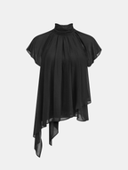 Asymmetric Hem High Neck Blouse | Trendy Long Sleeve Design