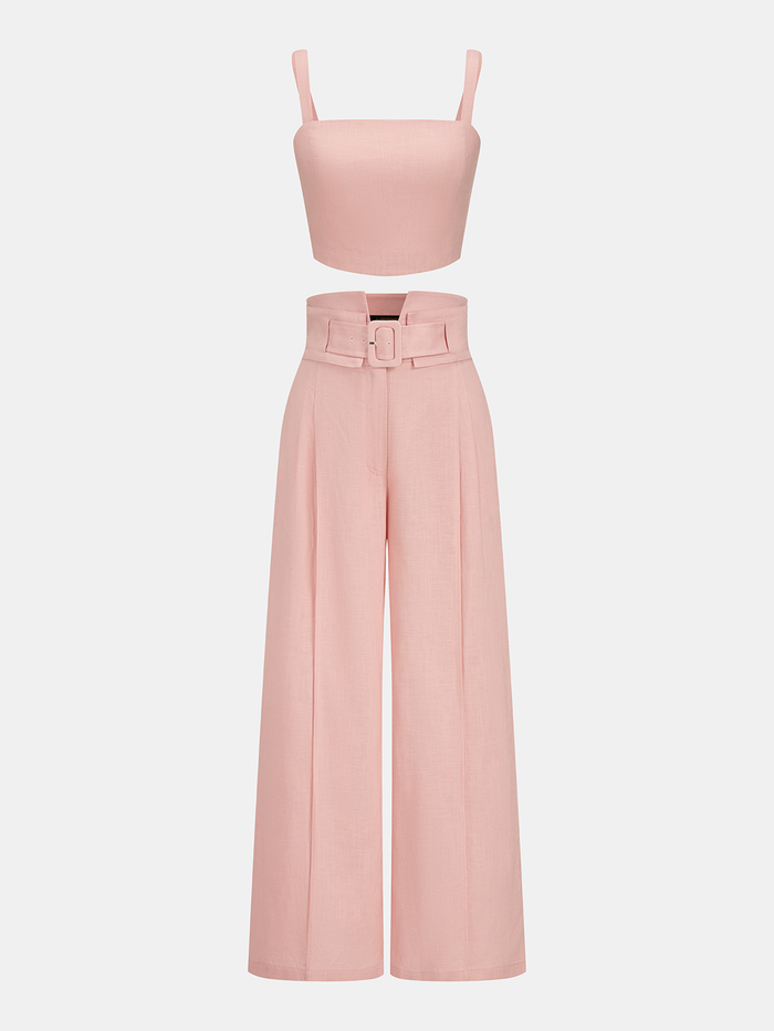 Linen Blend Crop Top & Buckle Detail Pants Set for Women 2023