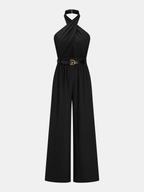 Cross Halter Belted Wide Leg Jumpsuit for Women Elegant Evening Wear