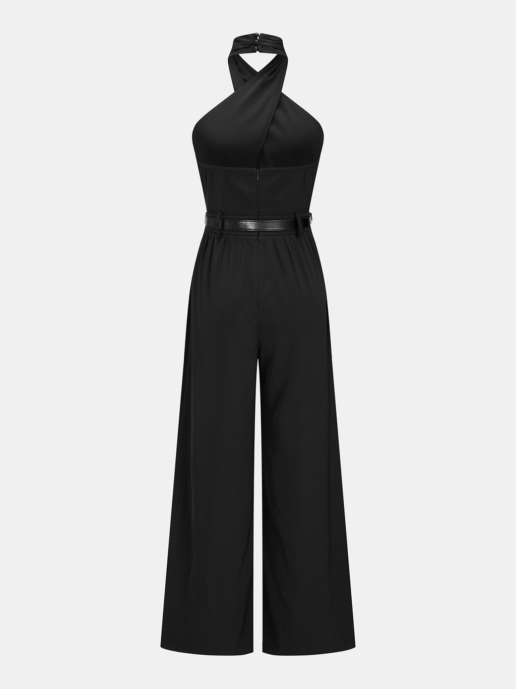 Cross Halter Belted Wide Leg Jumpsuit for Women Elegant Evening Wear