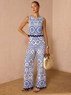 Scalloped Hem Printed Top & Pants Set for Women Spring Fashion