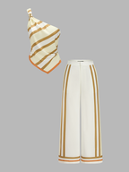 Striped One Shoulder Satin Top & Pants Set for Elegant Eveningwear
