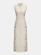 Floral Embroidered Cotton Linen Sleeveless Dress for Women Casual Summer