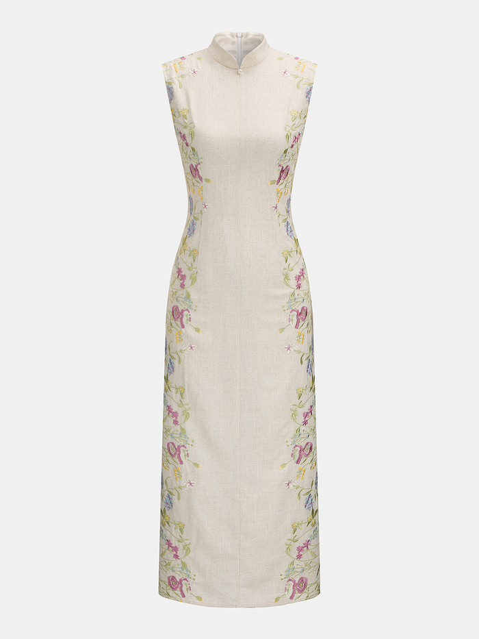 Floral Embroidered Cotton Linen Sleeveless Dress for Women Casual Summer