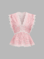 V-Neck Guipure Lace Peplum Top & Shorts Set for Elegant Evenings