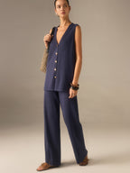 Golden Button Knit Vest Pants Set in Premium Fabric for Stylish Comfort and Durability
