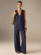 Golden Button Knit Vest Pants Set in Premium Fabric for Stylish Comfort and Durability