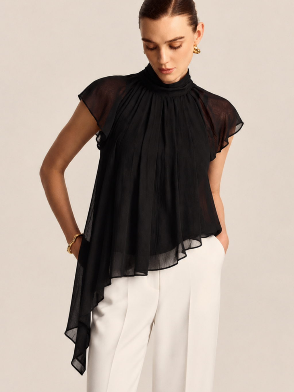 Asymmetric Hem High Neck Blouse | Trendy Long Sleeve Design