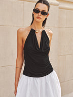 Metal Choker Cowl Neck Halter Top Women's Sexy Fashion Sleeveless