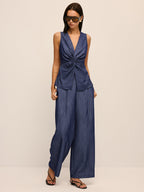 Twist Front Vest & Wide Leg Pants Set Women's Casual Outfit