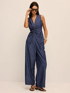 Twist Front Vest & Wide Leg Pants Set Women's Casual Outfit