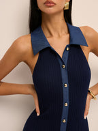 Ribbed Knit Button-Front Midi Dress with Long Sleeves and V-Neck
