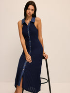 Ribbed Knit Button-Front Midi Dress with Long Sleeves and V-Neck
