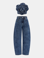 3D Rose Applique Denim Tube Top Vintage Inspired Casual Fit
