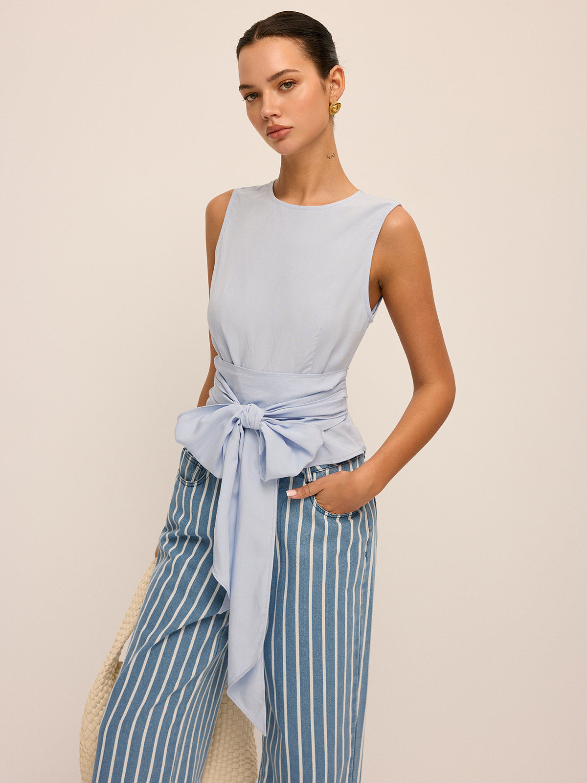 Large Bow Waist Tencel-Blend Sleeveless Top for Women Summer Chic