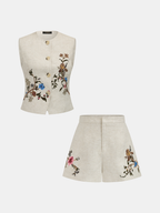 Floral Embroidered Linen Blend Shorts for Women Comfort Fit