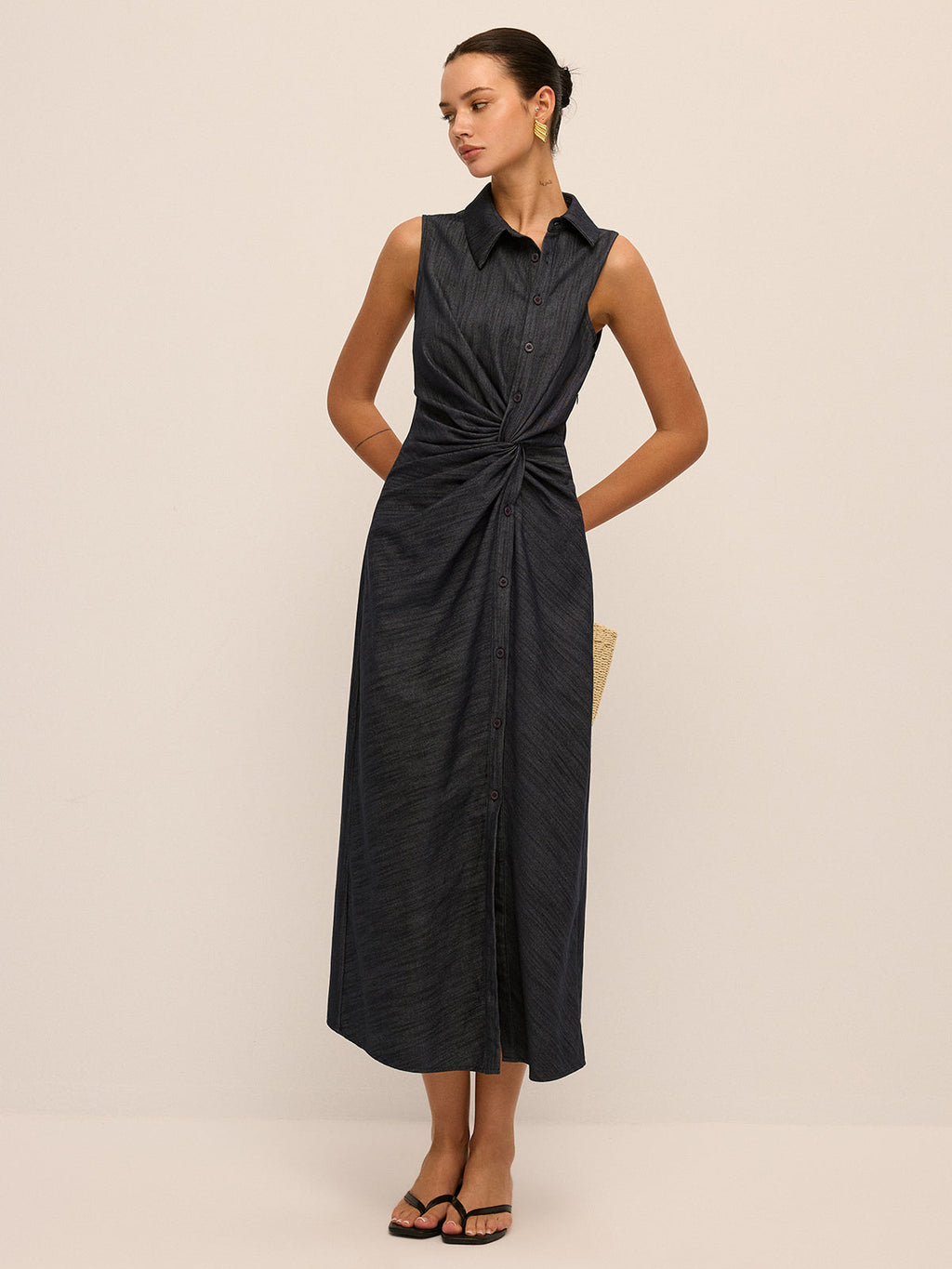 Denim Twist-Front Sleeveless Shirt Dress for Women Casual Summer Style