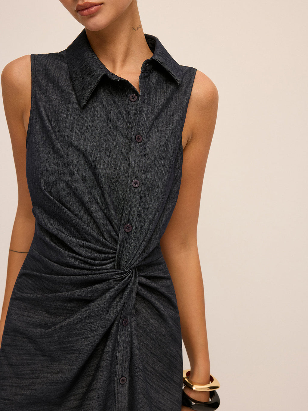 Denim Twist-Front Sleeveless Shirt Dress for Women Casual Summer Style