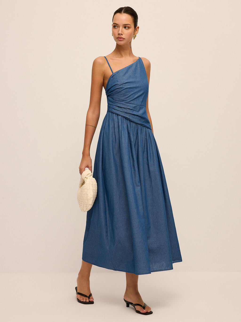 Faux Denim Asymmetrical Cami Maxi Dress Trendy Summer Fashion Women