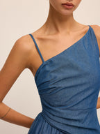 Faux Denim Asymmetrical Cami Maxi Dress Trendy Summer Fashion Women