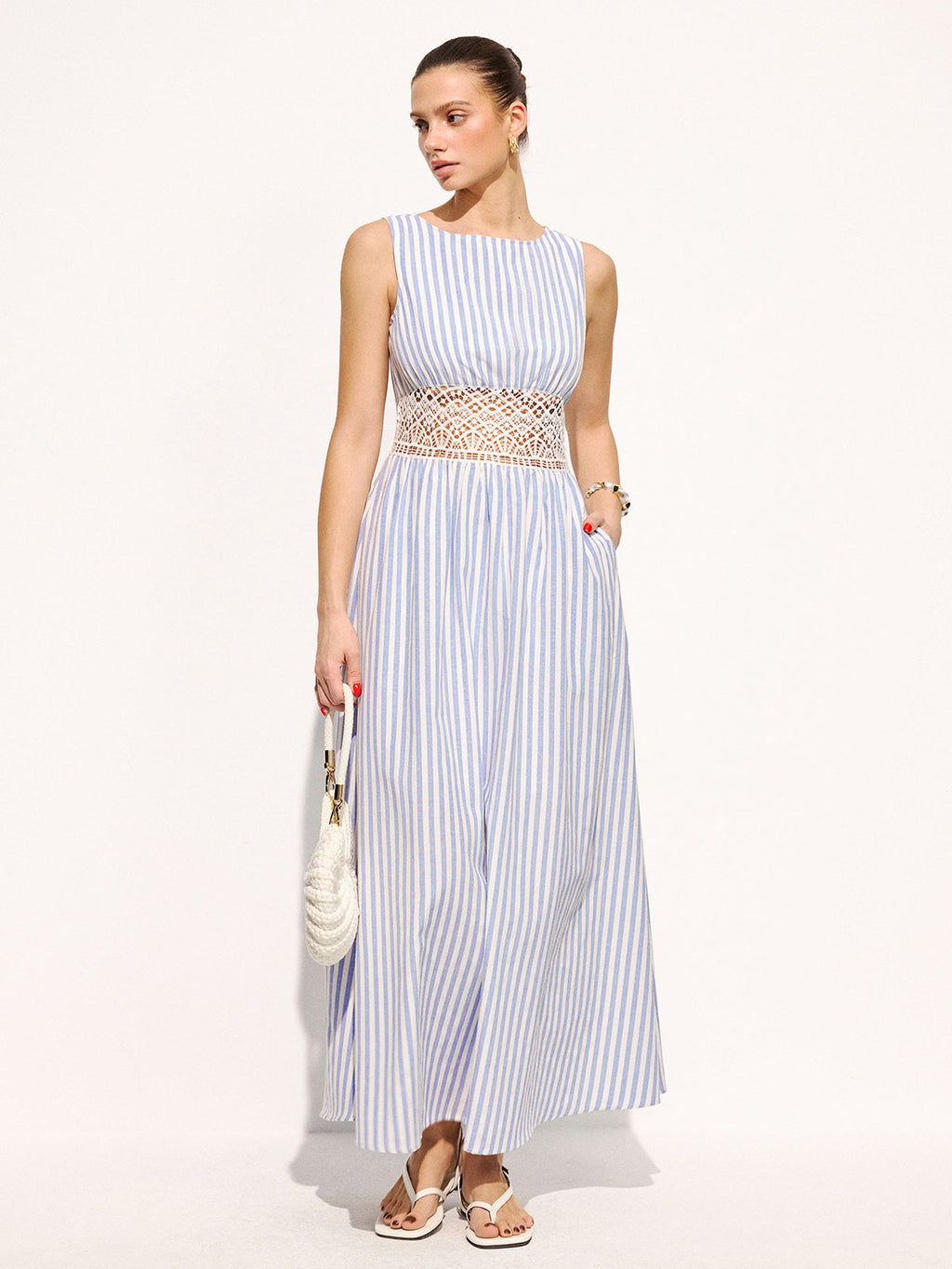 Striped Sleeveless Lace Waist Maxi Dress with Flowy Skirt Detail