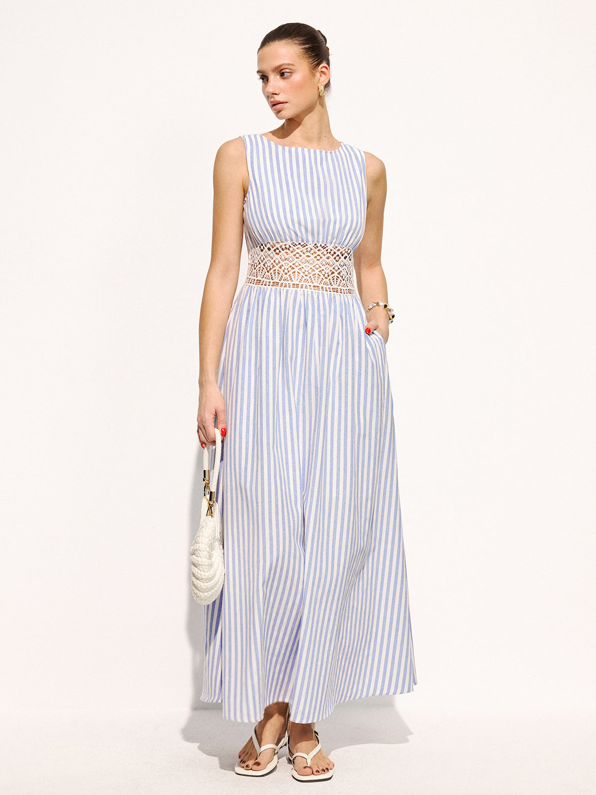 Striped Sleeveless Lace Waist Maxi Dress with Flowy Skirt Detail