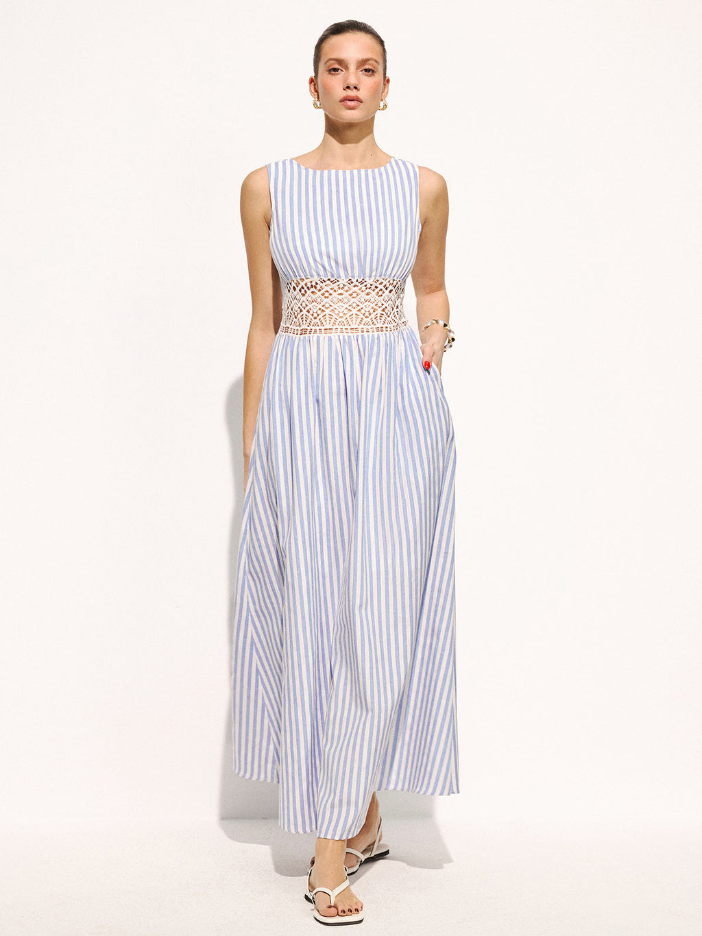Striped Sleeveless Lace Waist Maxi Dress with Flowy Skirt Detail
