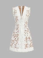 Sleeveless V Neck Lace Mini Dress Elegant Floral Cocktail