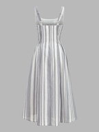 Lace Trim Square Neck Striped Midi Dress Women Summer Casual Fashion