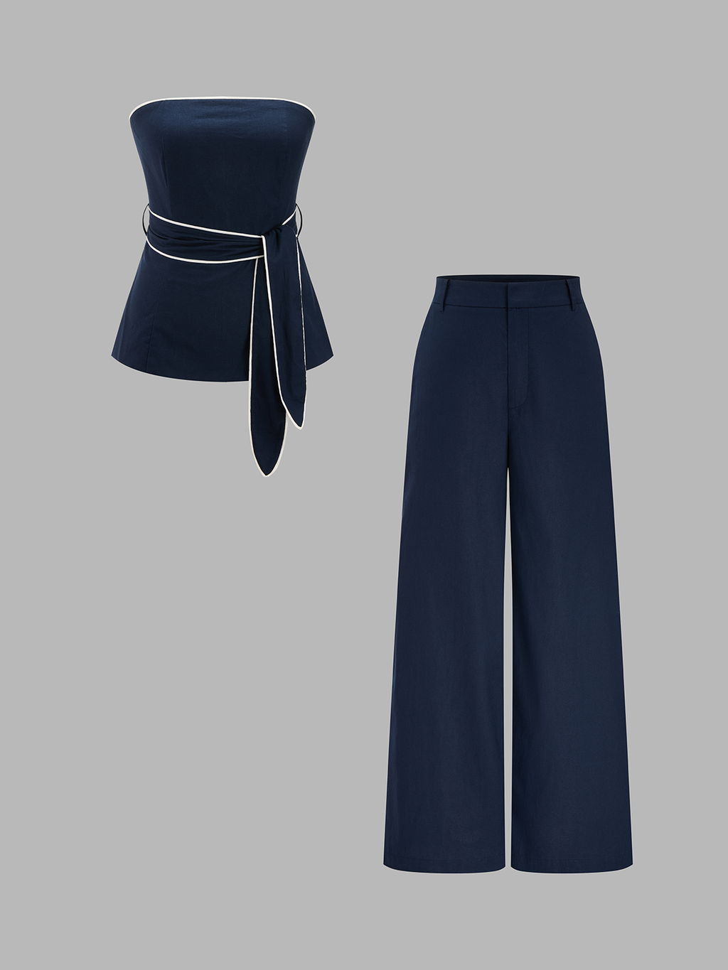 Cotton Linen Belted Strapless Top & Pants Set for Summer Outfits