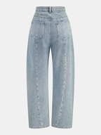 Pearl Rhinestone Embellished Curved Leg Jeans for Women High-Waisted Casual