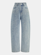 Pearl Rhinestone Embellished Curved Leg Jeans for Women High-Waisted Casual