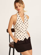 Polka Dot Linen Blend Halter Vest Womens Lightweight Summer Top