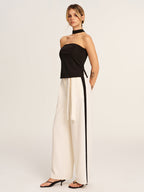 Halter Top & Side-Stripe Belted Pants Set with Matching Accessories