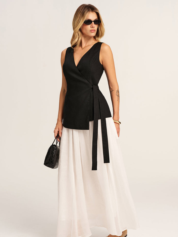 Linen Blend V-Neck Wrap Tie Vest with Adjustable Waistband