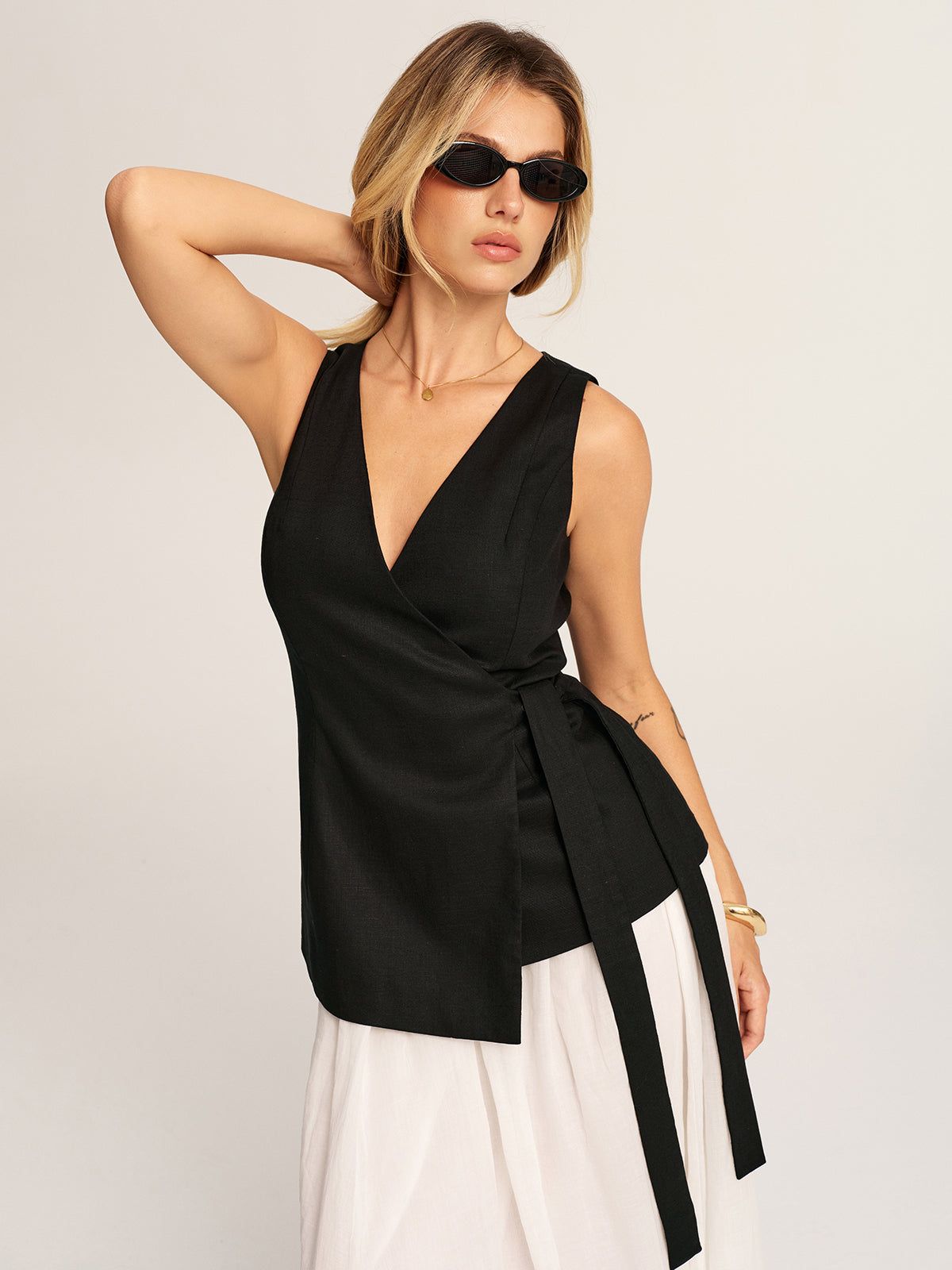 Linen Blend V-Neck Wrap Tie Vest with Adjustable Waistband