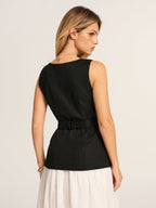 Linen Blend V-Neck Wrap Tie Vest with Adjustable Waistband
