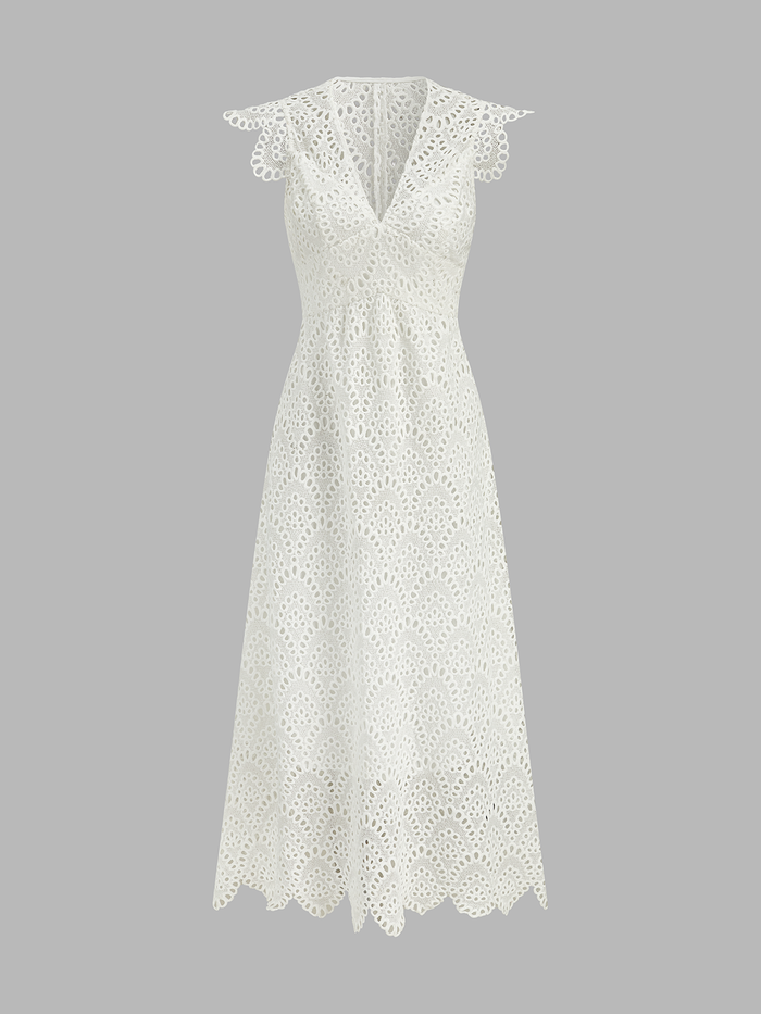 Semi-Sheer Crochet Lace Midi Dress with Floral Detailing