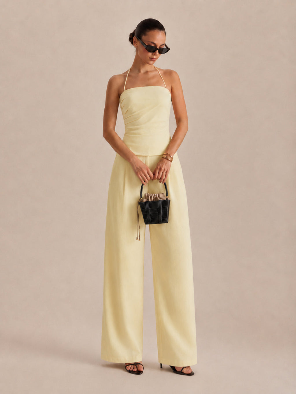 Ruched Halter Top & Wide Leg Pants Set, Elegant Evening Wear Ensemble