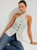 Striped Cotton Buttoned Halter Vest for Summer Casual Wear