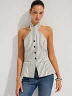 Striped Cotton Buttoned Halter Vest for Summer Casual Wear