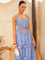 Eyelet Embroidery Cutout Waist Midi Dress Feminine Spring Summer Fashion