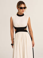 Color Block Cutout Pocketed Maxi Dress with Side Slits and Belt