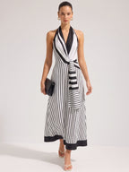 Striped Halter Wrap Maxi Dress with Tie Waist Detail
