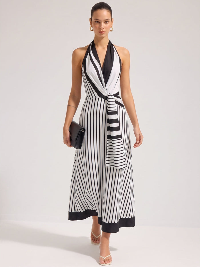 Striped Halter Wrap Maxi Dress with Tie Waist Detail